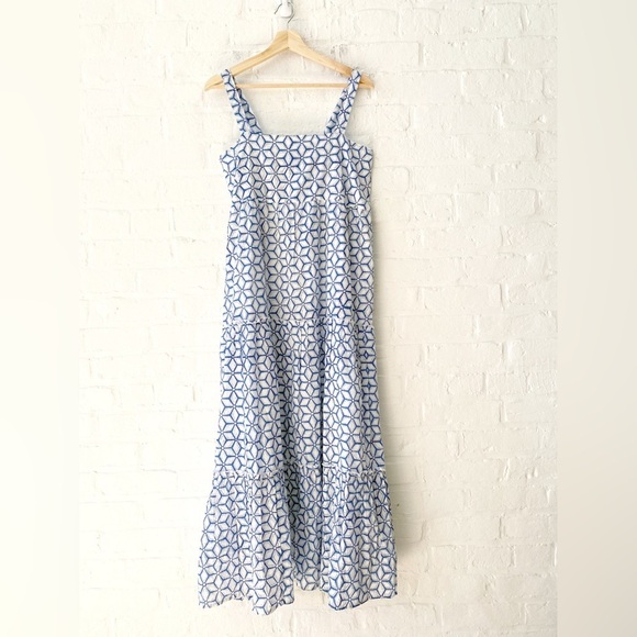 Madison Mathews || Lia Cotton Block Printed Maxi Dress Blue White Large NWT - Picture 1 of 10